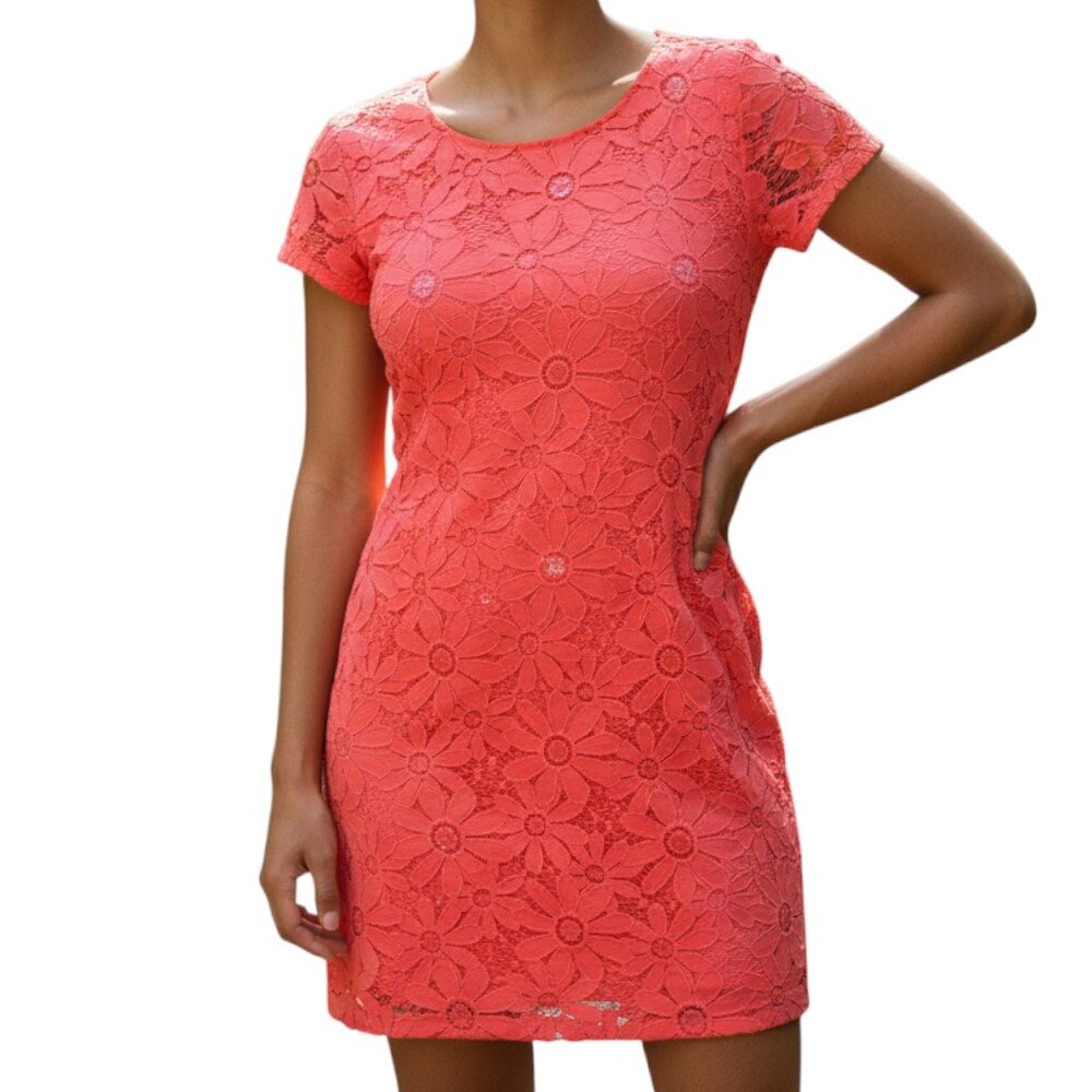 TIANA B. Coral Floral Lace Overlay Short Sleeve Pull On Dress - Size Medium